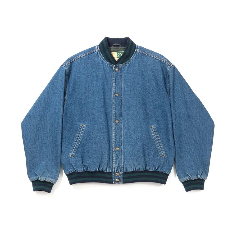 Vintage WearGuard Denim Varsity Bomber Jacket 2XL Blue Cotton Striped Trim 1429